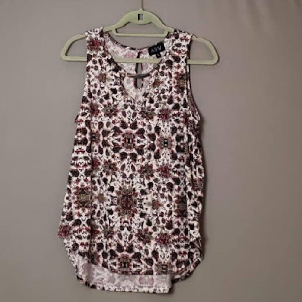 AUW, Floral Top, Tan & Maroon, Sleeveless, Size L